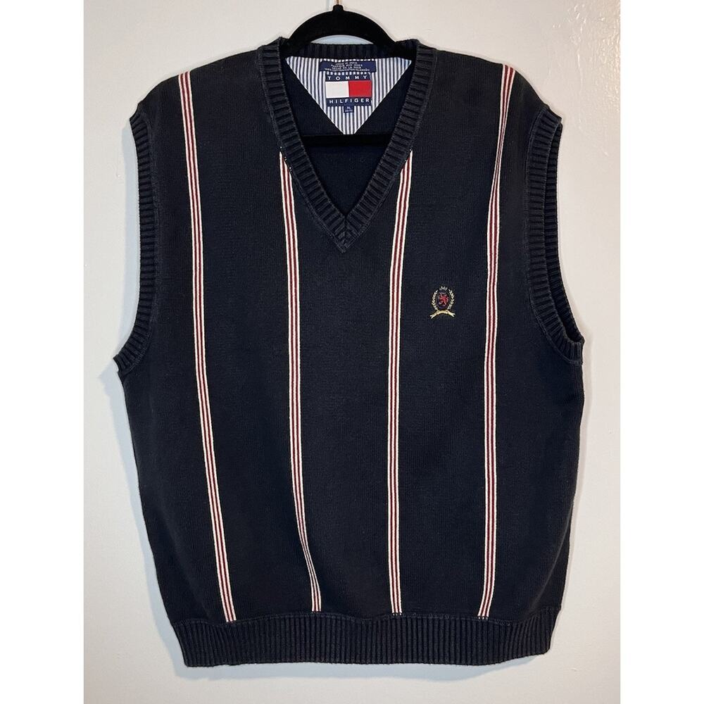 VTG 90s Tommy Hilfiger Sweater Vest Size XL Navy Red Striped 100% Cotton Preppy